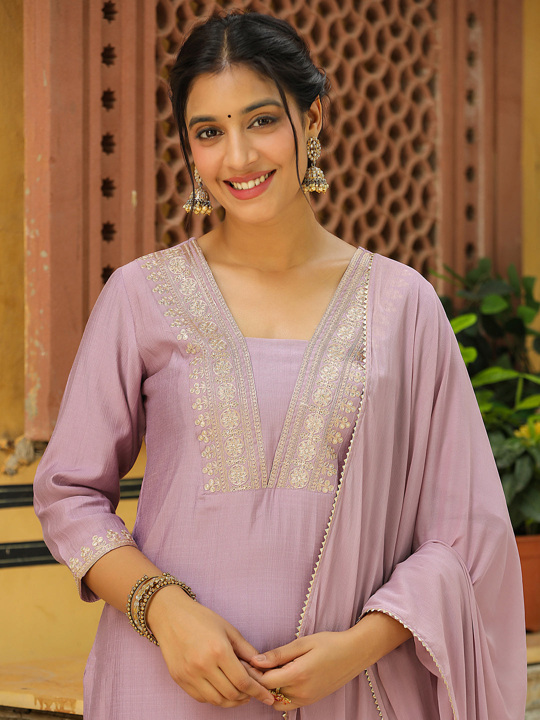 Janasya Lavender Premium Chinnon Embroidered Kurta,Bottom & Dupatta
