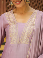 Janasya Lavender Premium Chinnon Embroidered Kurta,Bottom & Dupatta