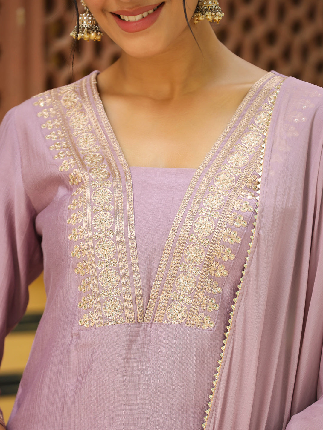 Janasya Lavender Premium Chinnon Embroidered Kurta,Bottom & Dupatta