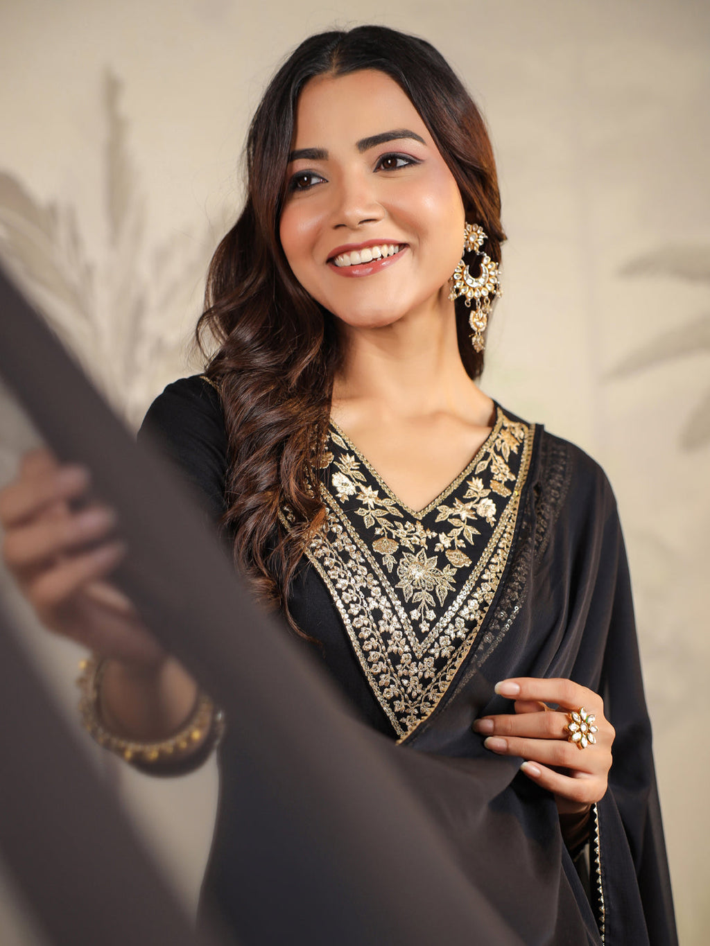 Janasya Dark Rayon Embroidered Anarkali Kurta Set