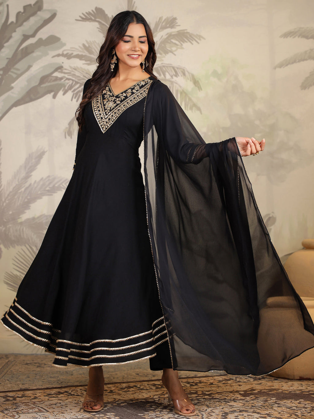 Janasya Dark Rayon Embroidered Anarkali Kurta Set