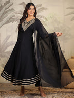 Janasya Dark Rayon Embroidered Anarkali Kurta Set