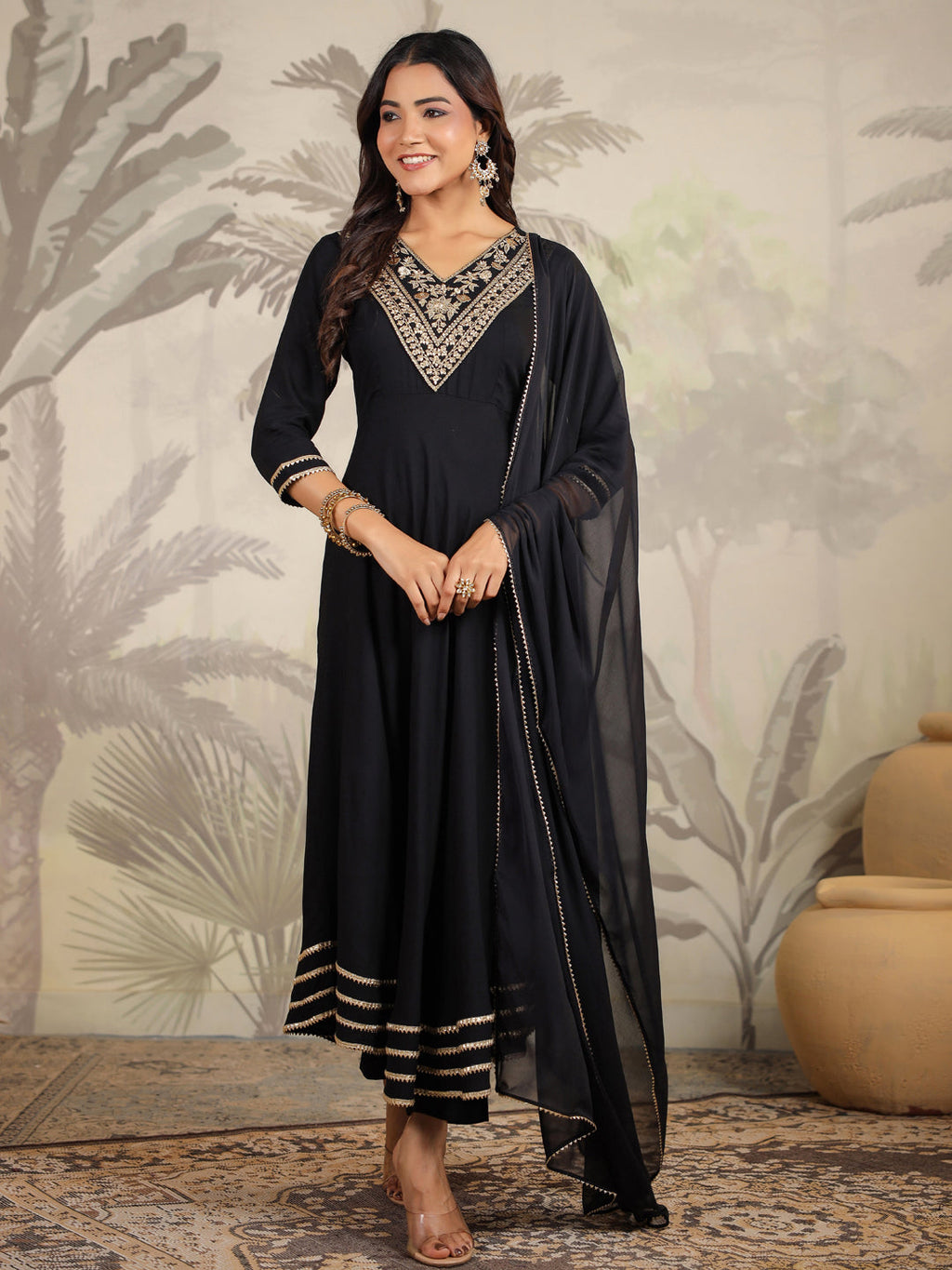 Janasya Dark Rayon Embroidered Anarkali Kurta Set