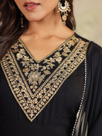 Janasya Dark Rayon Embroidered Anarkali Kurta Set