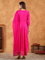 Janasya Dark Rayon Embroidered Anarkali Kurta Set - Distacart