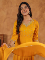 Janasya Bright Rayon Embroidered Anarkali Kurta Set