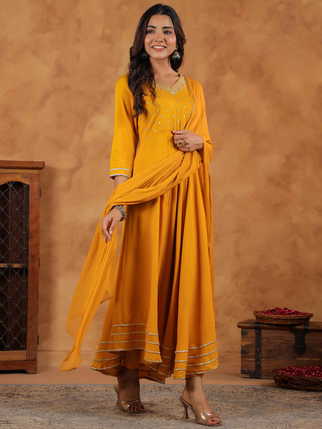 Janasya Bright Rayon Embroidered Anarkali Kurta Set