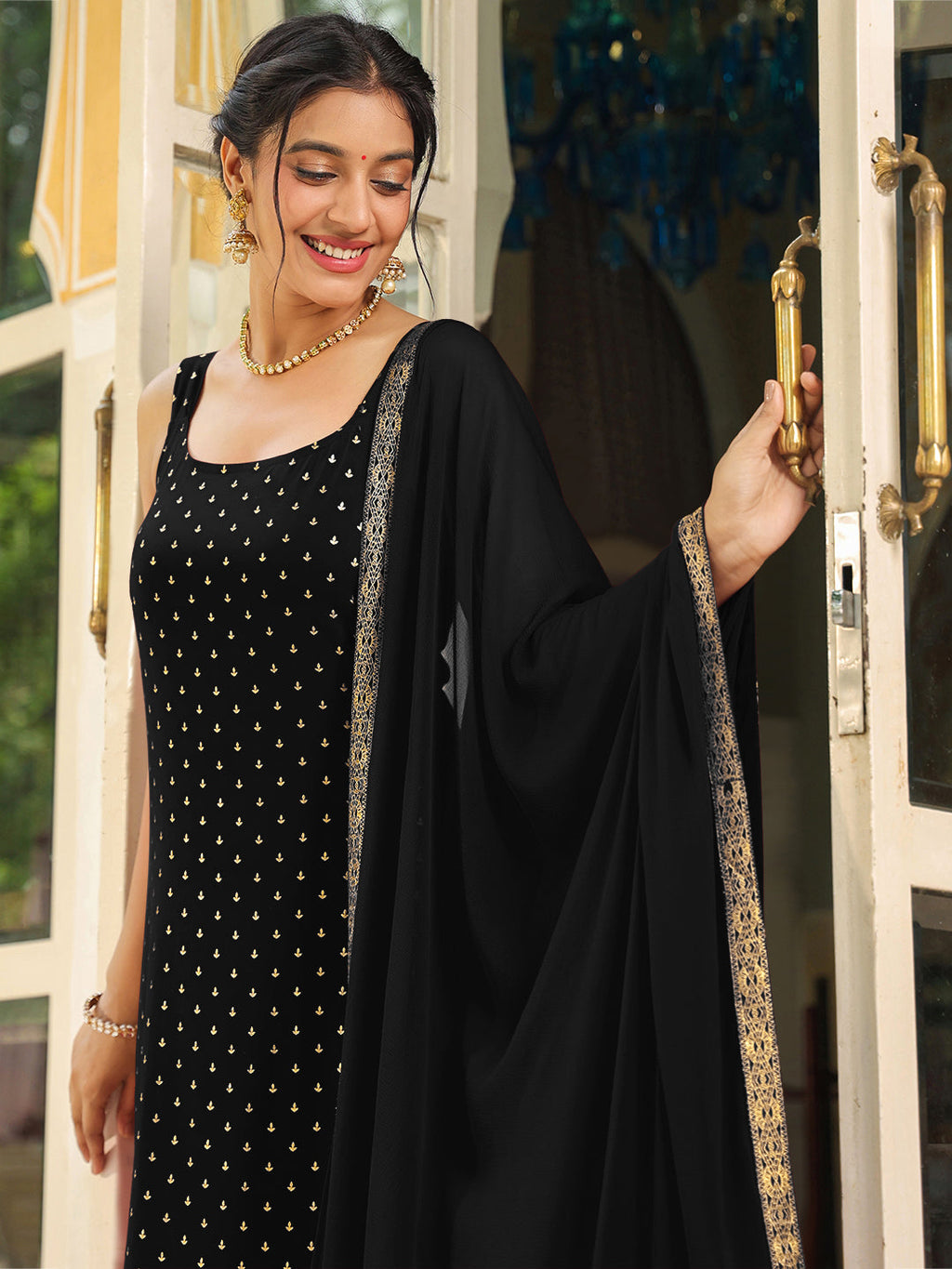 Janasya Dark Rayon Foil Print Straight Kurta Set