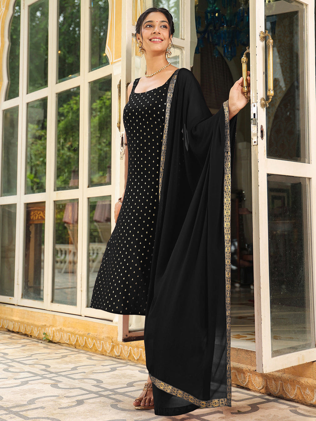 Janasya Dark Rayon Foil Print Straight Kurta Set
