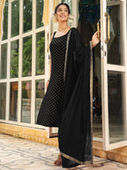Janasya Dark Rayon Foil Print Straight Kurta Set