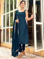 Janasya Dark Rayon Foil Print Straight Kurta Set - Distacart