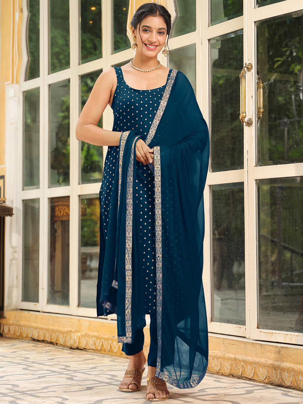 Janasya Dark Rayon Foil Print Straight Kurta Set - Distacart