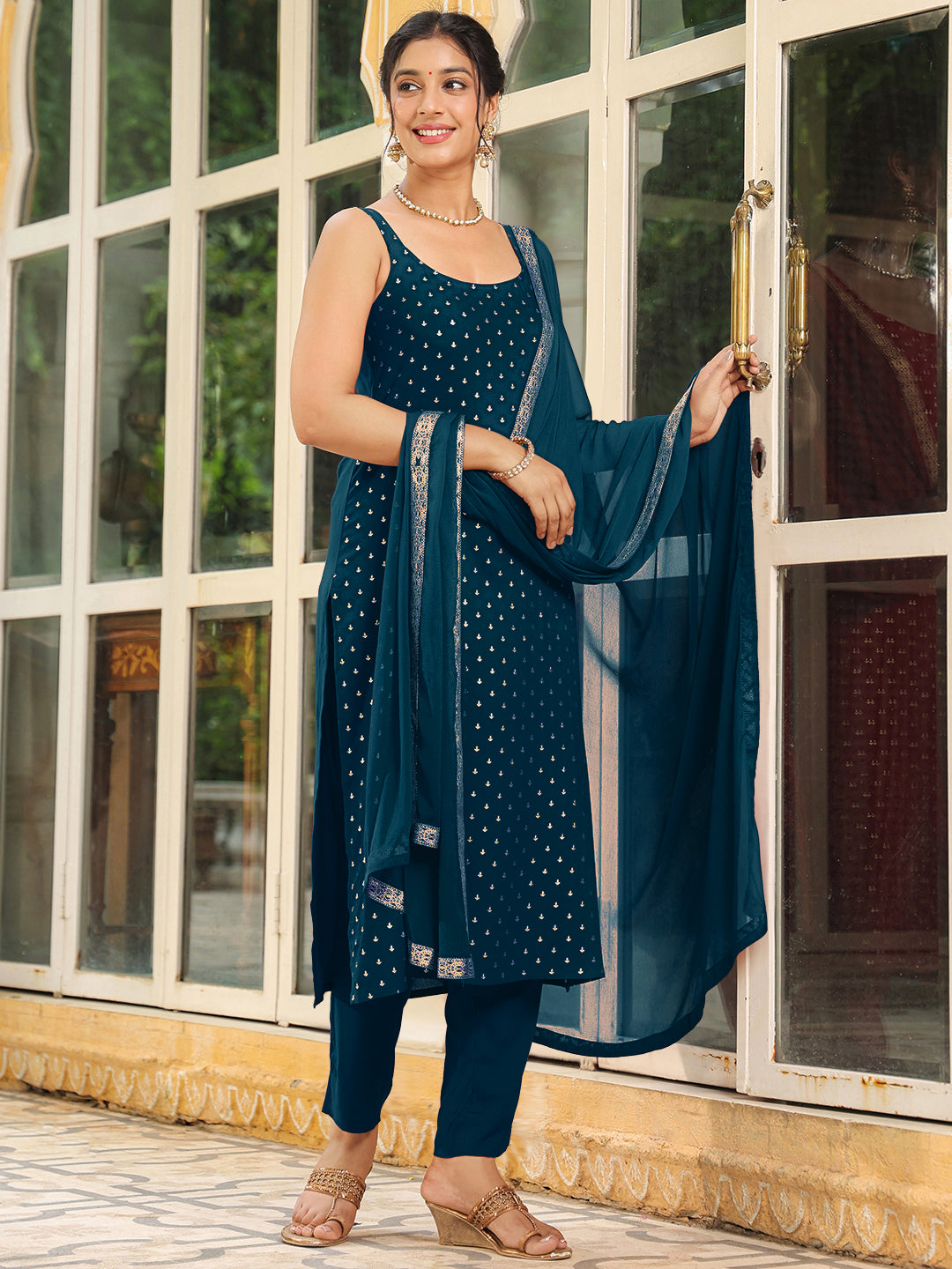 Janasya Dark Rayon Foil Print Straight Kurta Set - Distacart