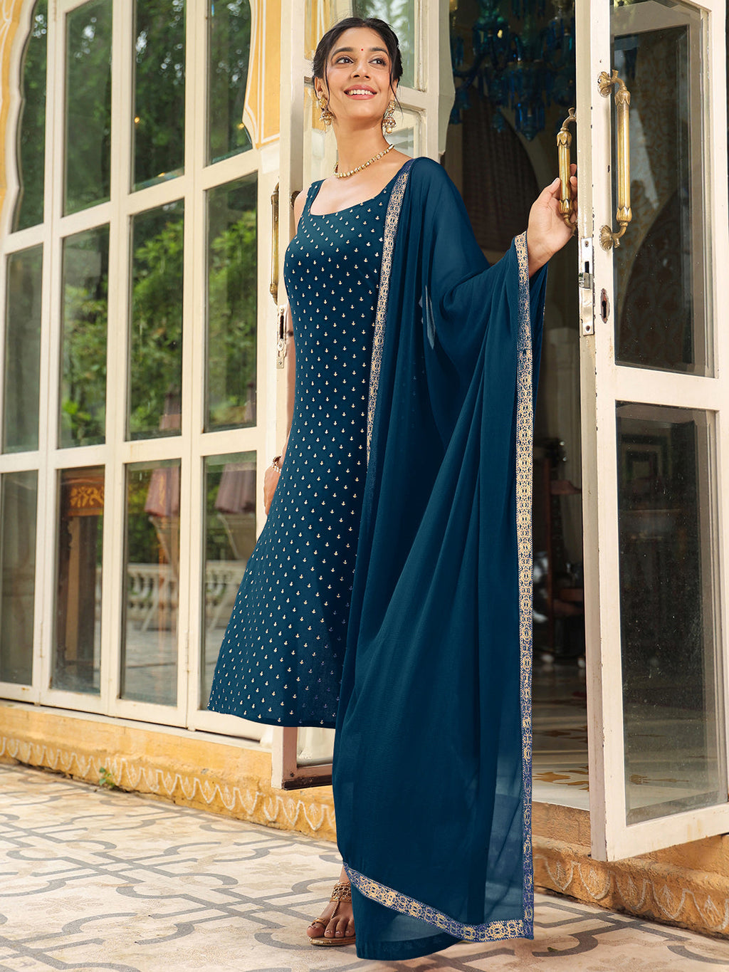 Janasya Dark Rayon Foil Print Straight Kurta Set - Distacart