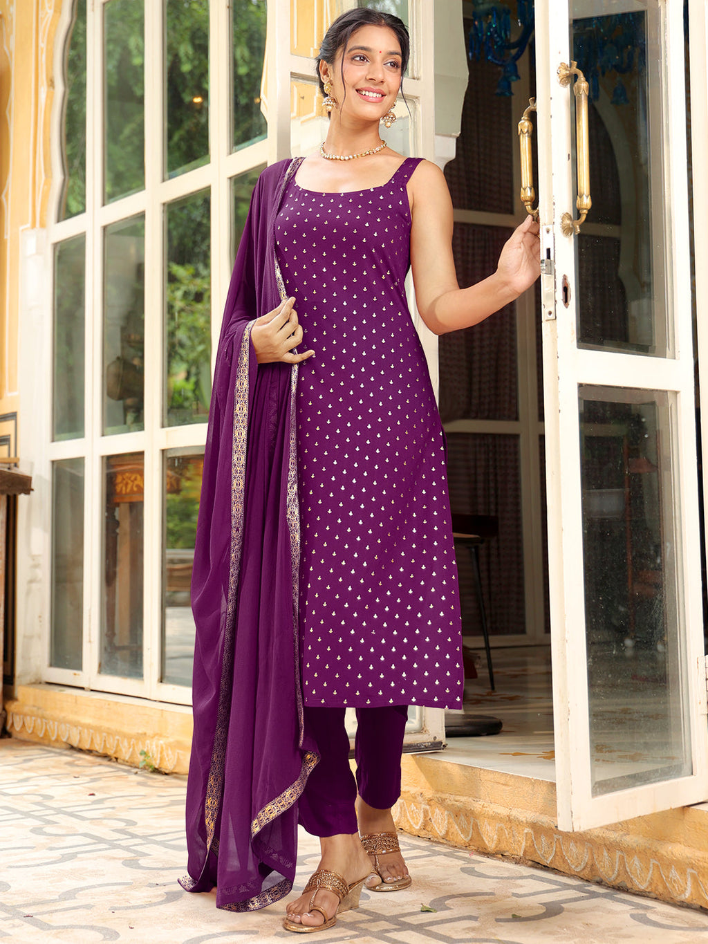 Janasya Dark Rayon Foil Print Straight Kurta Set
