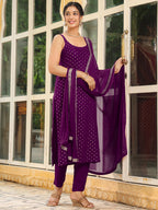 Janasya Dark Rayon Foil Print Straight Kurta Set