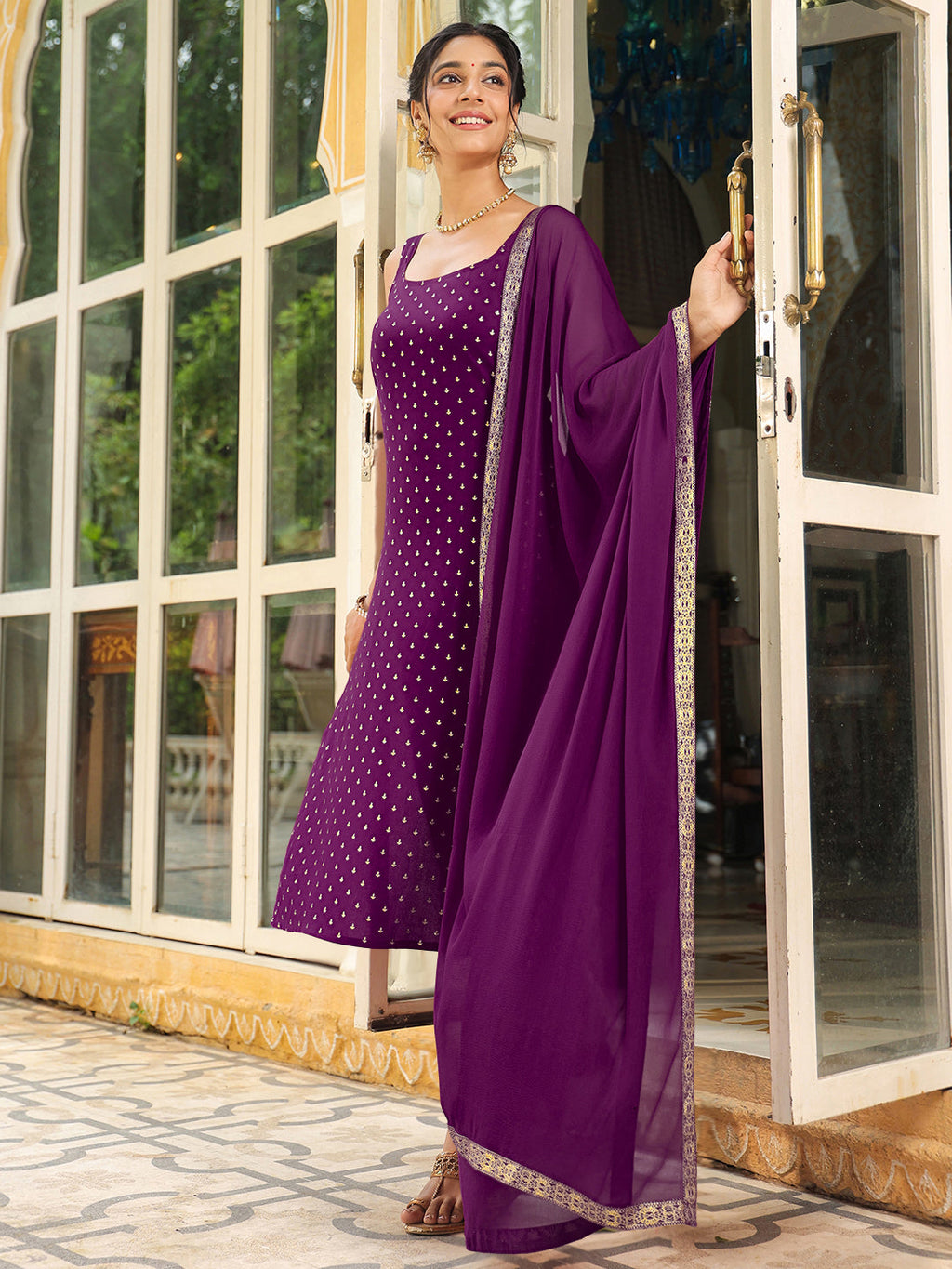 Janasya Dark Rayon Foil Print Straight Kurta Set
