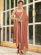 Janasya Dark Rayon Foil Print Straight Kurta Set