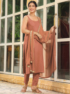Janasya Dark Rayon Foil Print Straight Kurta Set