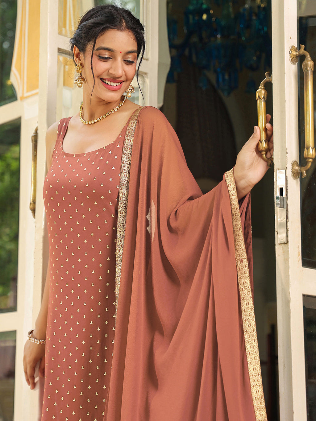 Janasya Dark Rayon Foil Print Straight Kurta Set