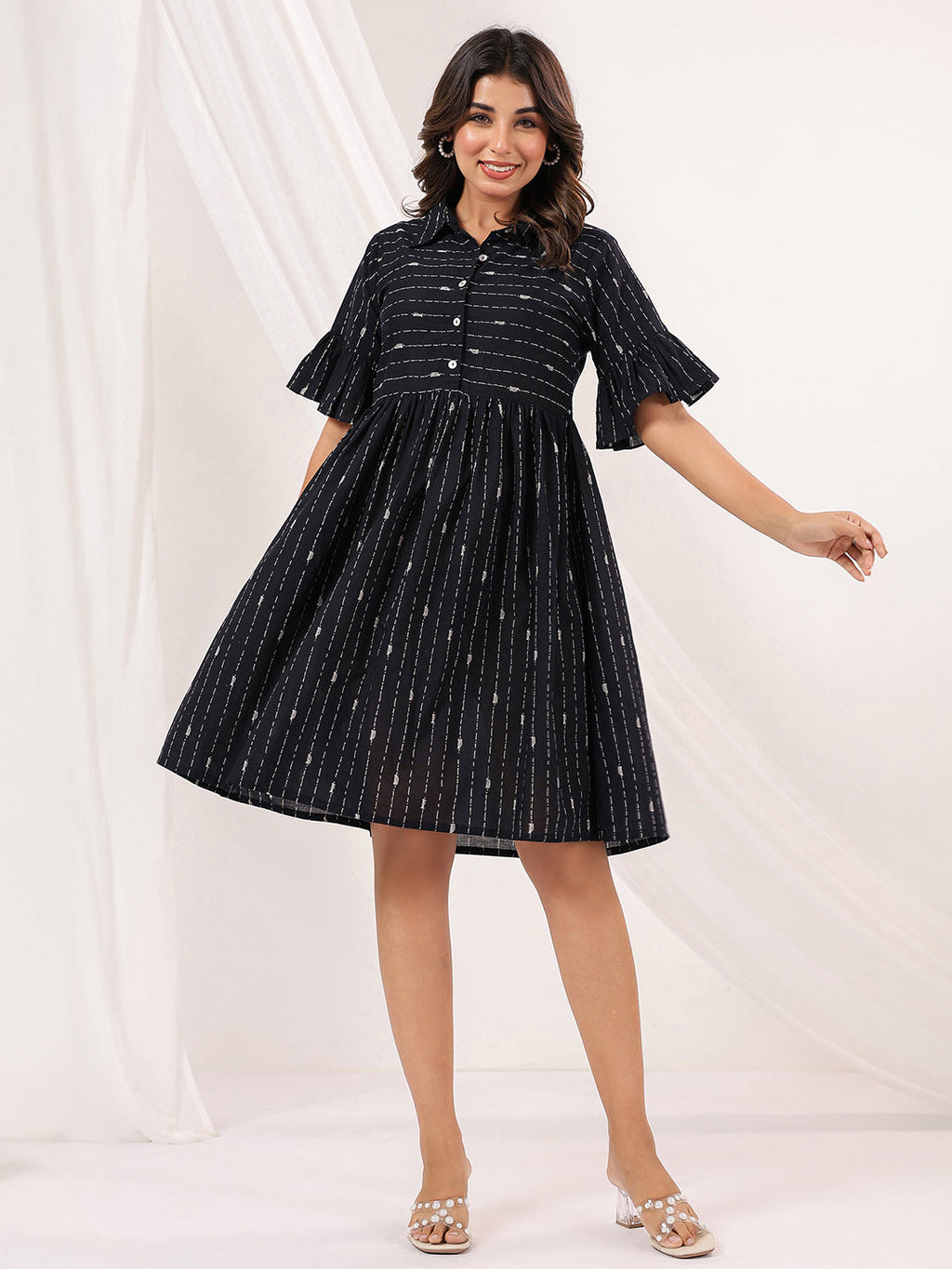 Janasya Dark Cotton Striped A-Line Dress - Distacart