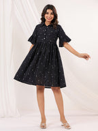 Janasya Dark Cotton Striped A-Line Dress - Distacart