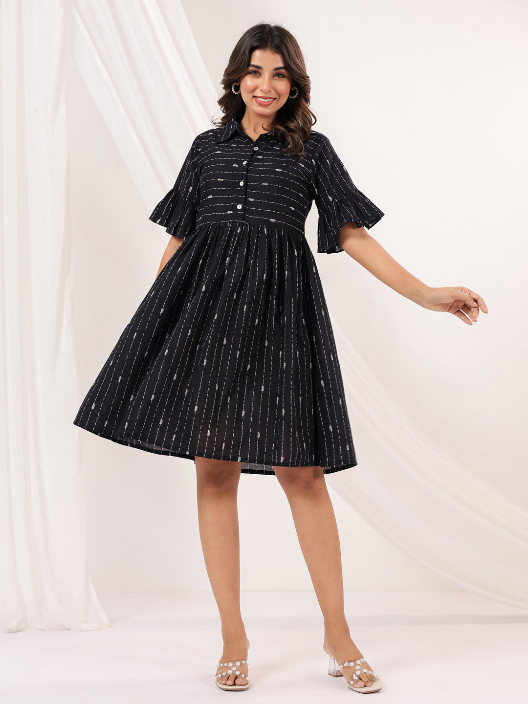 Janasya Dark Cotton Striped A-Line Dress - Distacart