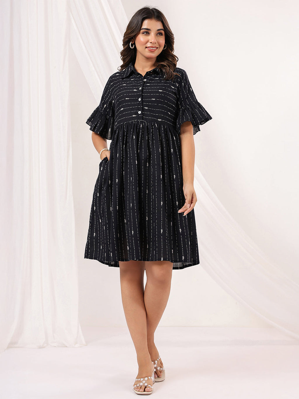 Janasya Dark Cotton Striped A-Line Dress - Distacart