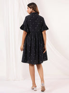 Janasya Dark Cotton Striped A-Line Dress - Distacart