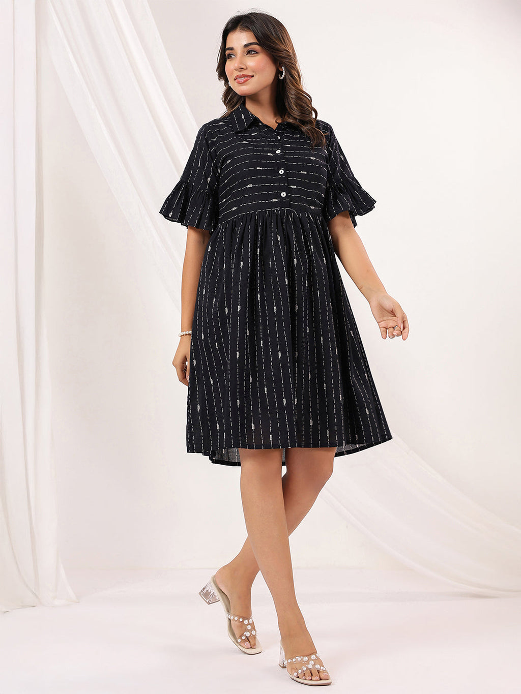 Janasya Dark Cotton Striped A-Line Dress - Distacart