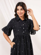 Janasya Dark Cotton Striped A-Line Dress - Distacart