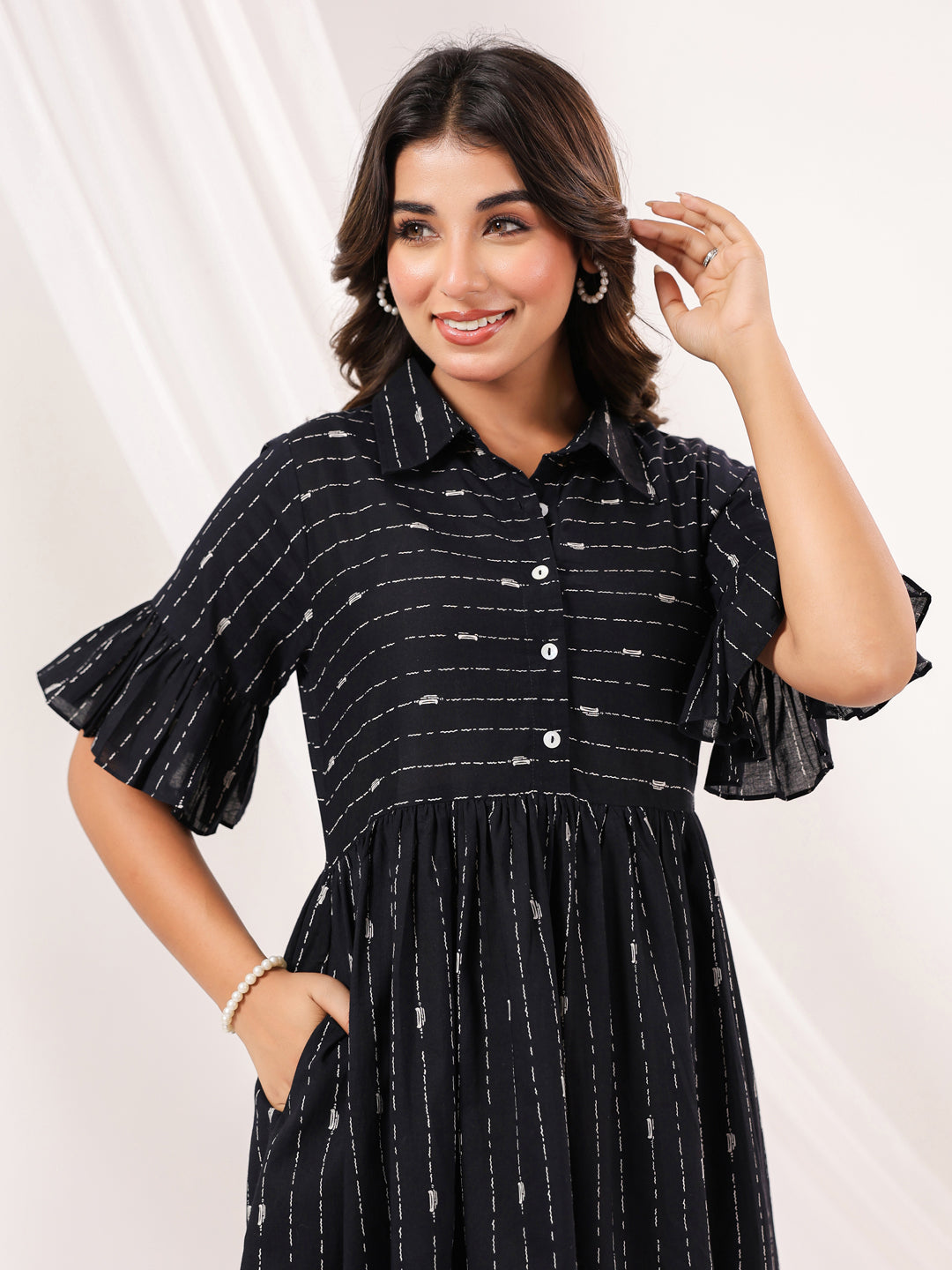 Janasya Dark Cotton Striped A-Line Dress - Distacart