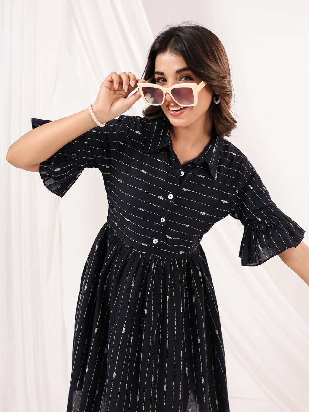 Janasya Dark Cotton Striped A-Line Dress - Distacart