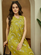 Janasya Dark Cotton Abstract A-Line Dress - Distacart