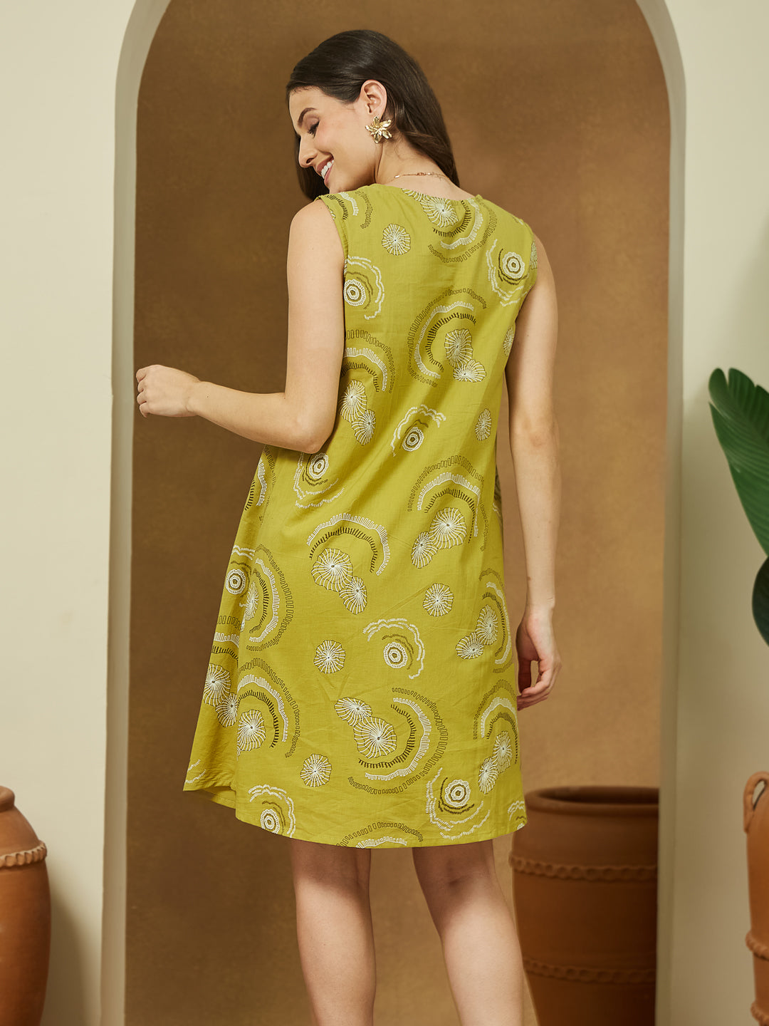 Janasya Dark Cotton Abstract A-Line Dress - Distacart