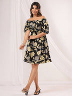 Janasya Dark Cotton Floral A-Line Dress - Distacart