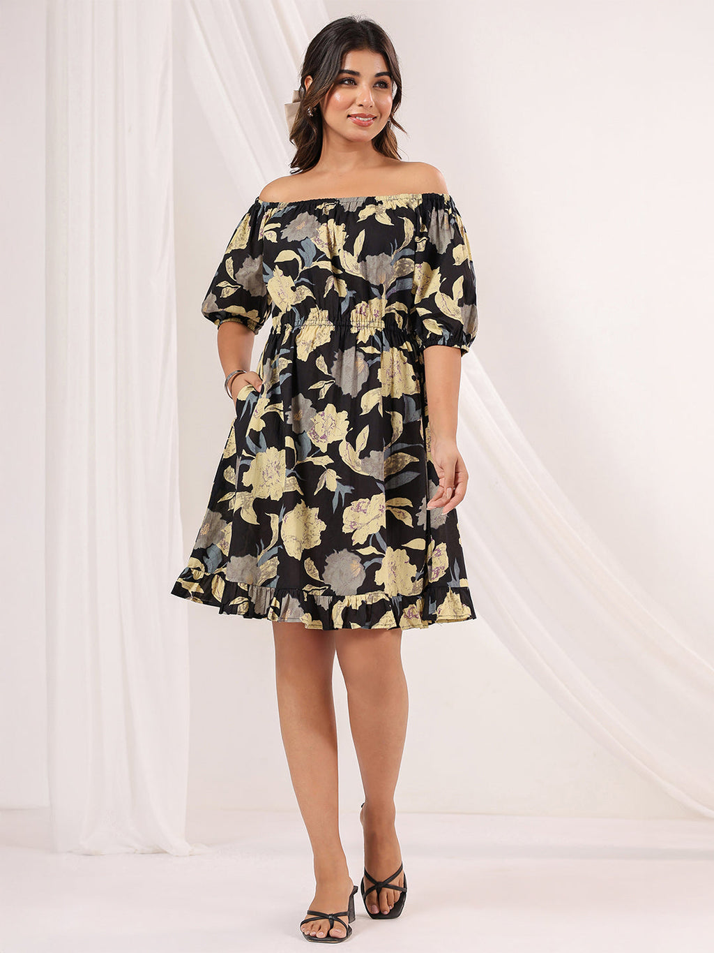 Janasya Dark Cotton Floral A-Line Dress - Distacart