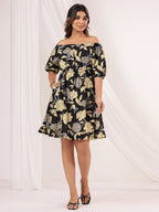 Janasya Dark Cotton Floral A-Line Dress - Distacart