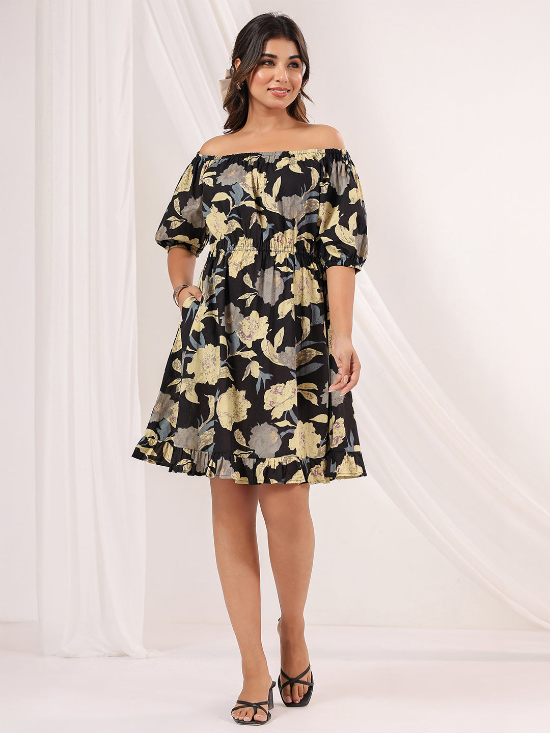 Janasya Dark Cotton Floral A-Line Dress - Distacart