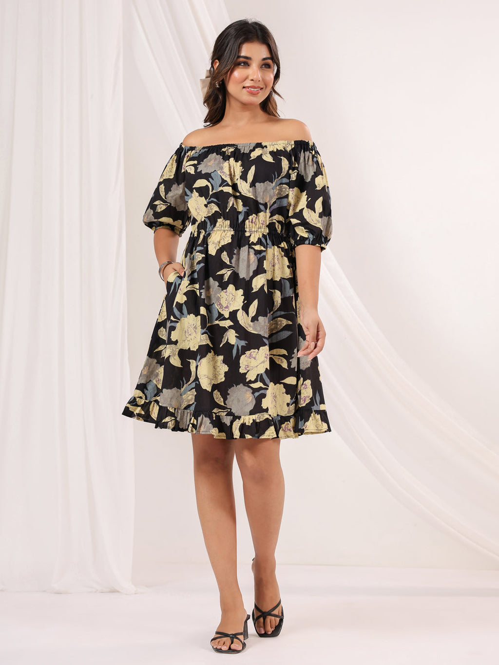 Janasya Dark Cotton Floral A-Line Dress - Distacart