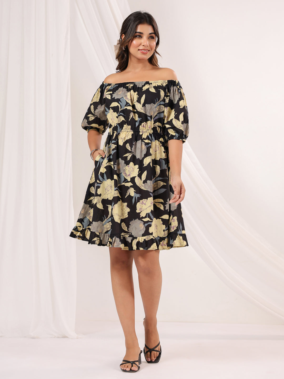 Janasya Dark Cotton Floral A-Line Dress - Distacart