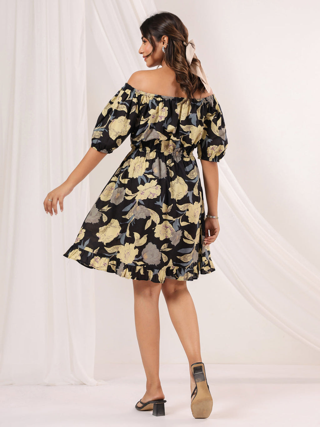 Janasya Dark Cotton Floral A-Line Dress - Distacart