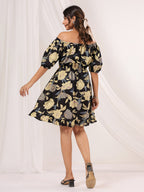 Janasya Dark Cotton Floral A-Line Dress - Distacart