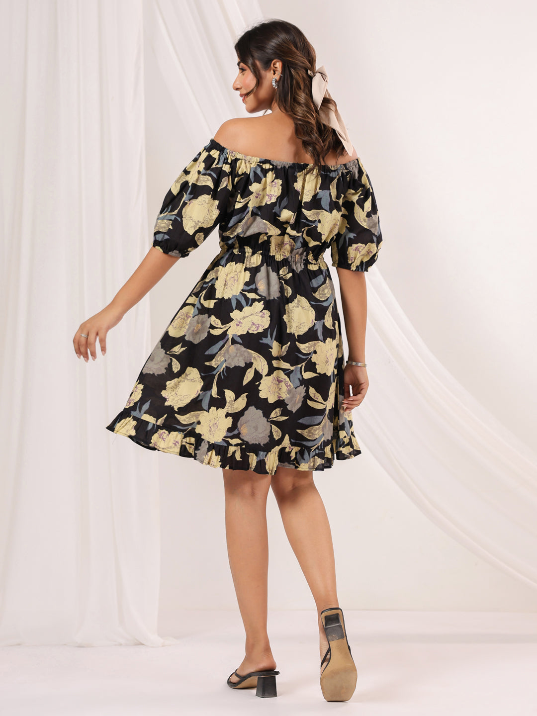 Janasya Dark Cotton Floral A-Line Dress - Distacart
