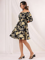 Janasya Dark Cotton Floral A-Line Dress - Distacart