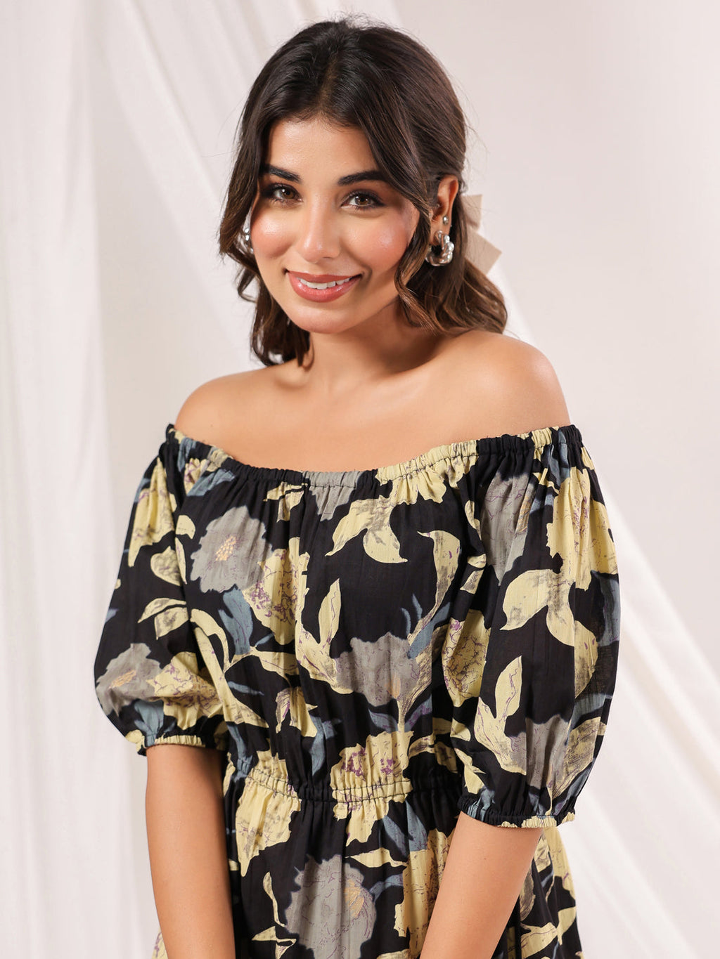 Janasya Dark Cotton Floral A-Line Dress - Distacart