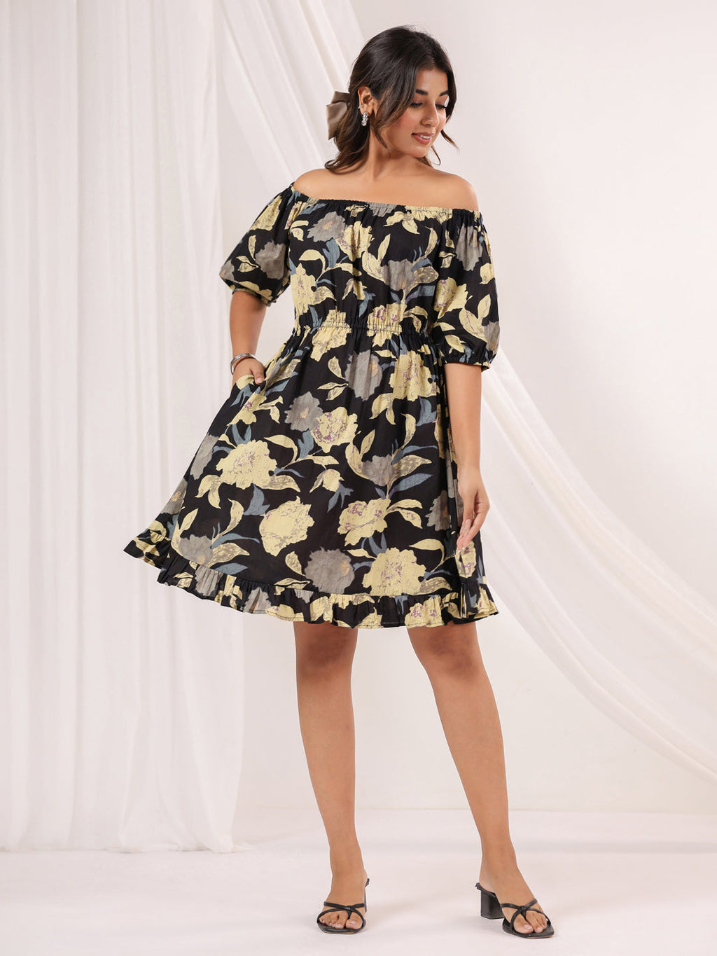 Janasya Dark Cotton Floral A-Line Dress - Distacart