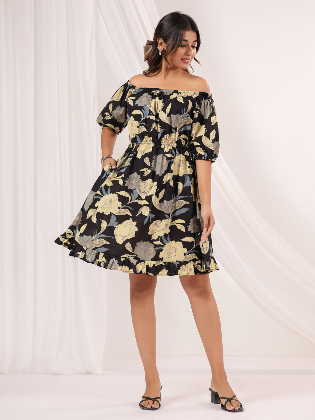 Janasya Dark Cotton Floral A-Line Dress - Distacart