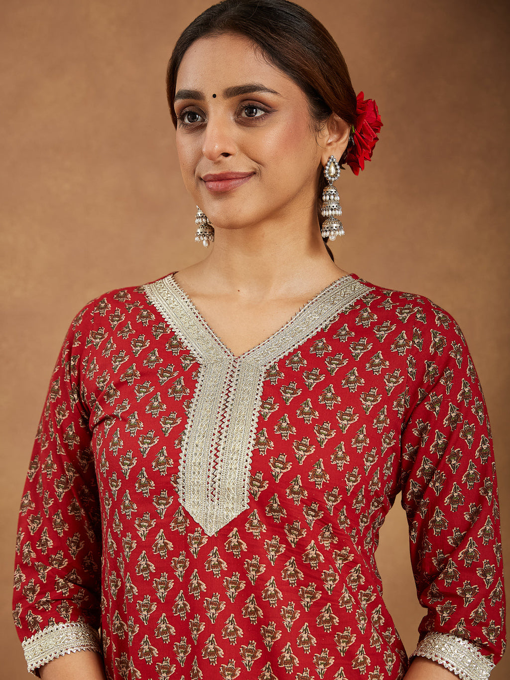 Janasya Dark Cotton Floral Straight Kurta Set - Distacart