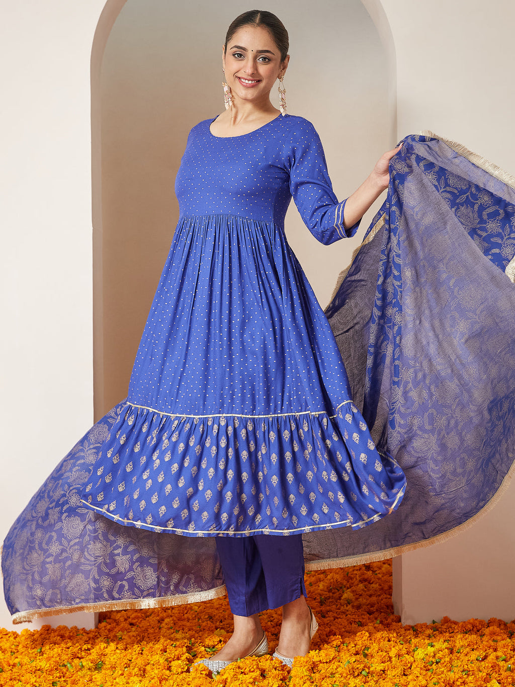 Janasya Dark Cotton Foil Print A-Line Kurta Set